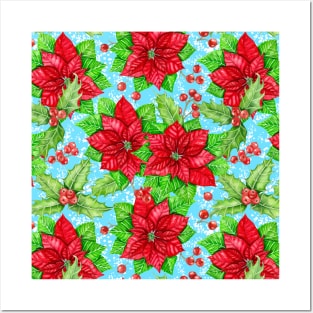 Poinsettia and holly berry watercolor Christmas pattern Posters and Art